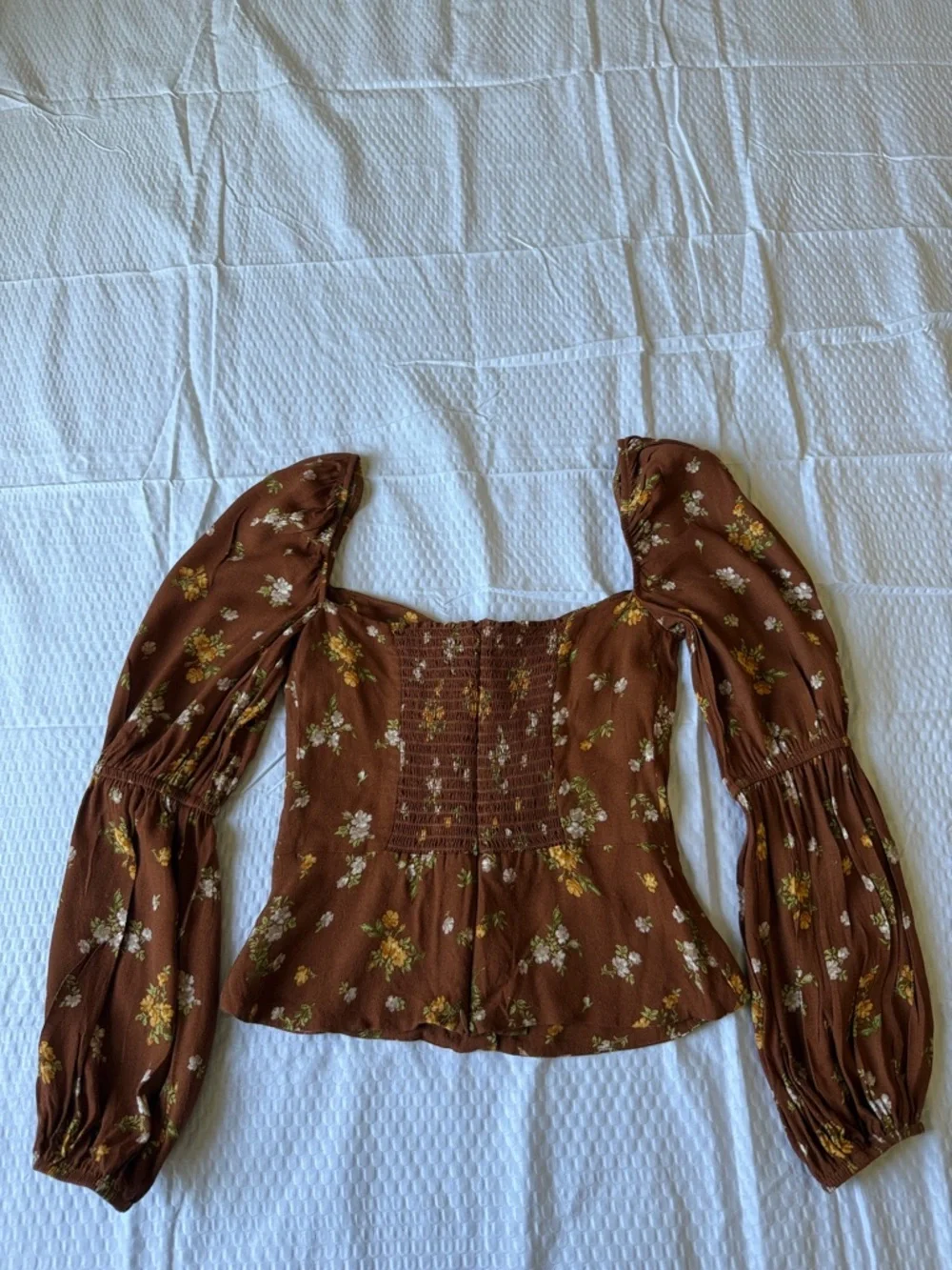 Reformation Brown Floral Square-Neck Puff-Sleeve Top
